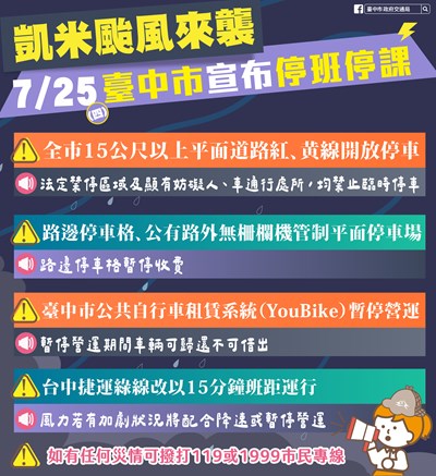 凱米颱風來襲 中市部分紅黃線路段開放停車