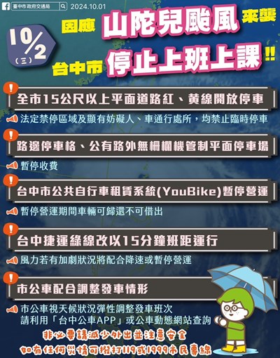 山陀兒颱風來襲 中市部分紅黃線路段開放停車
