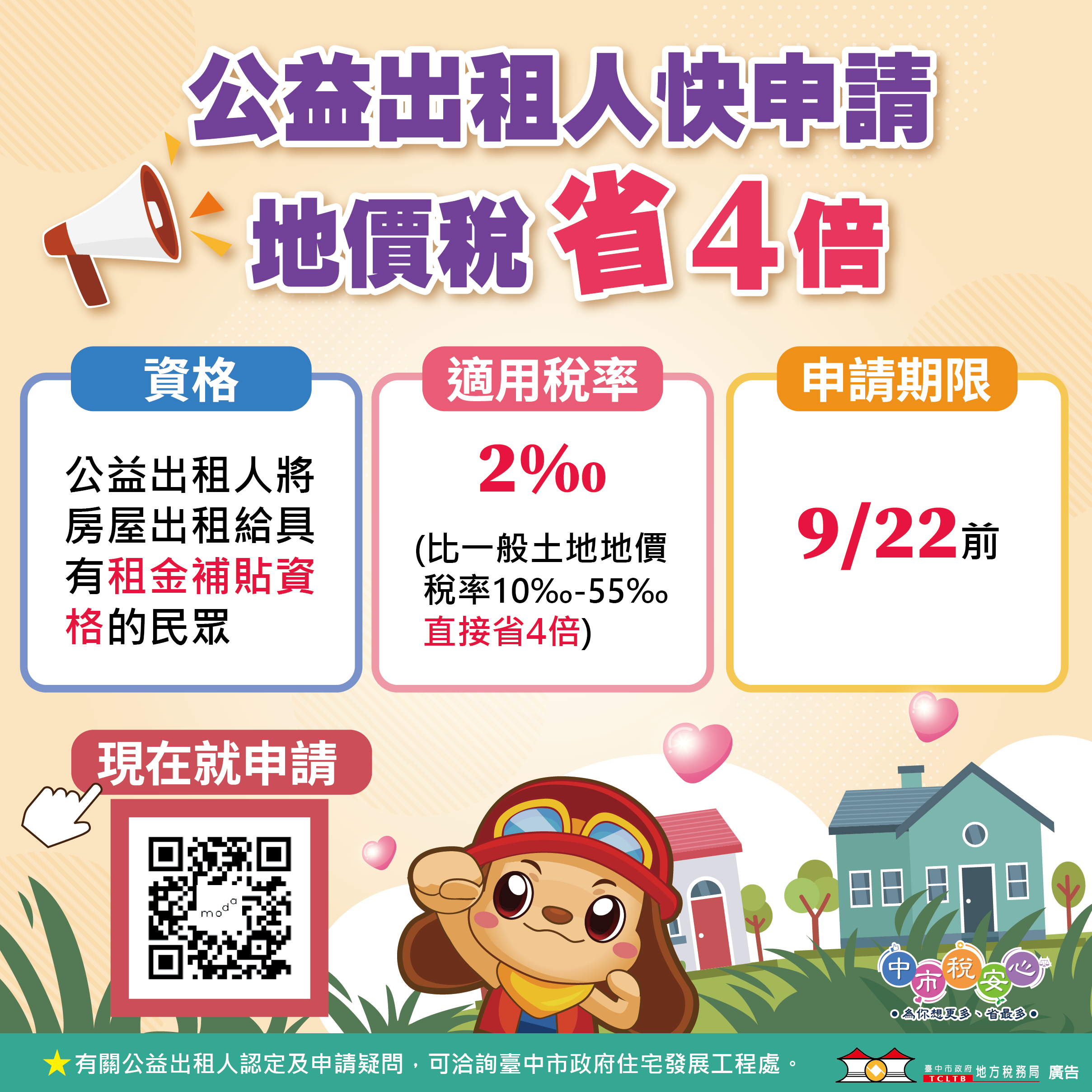 公益出租人地價稅立馬減4倍! 台中地稅局提醒房東9月22日前申請
