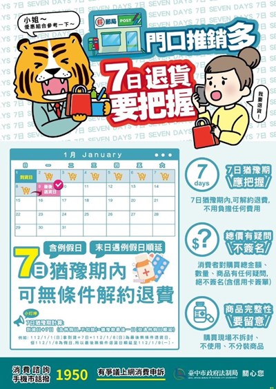 7日猶豫期之計算，自收受商品或服務之次日起算，中間遇例假日不扣除，最後1日遇例假日