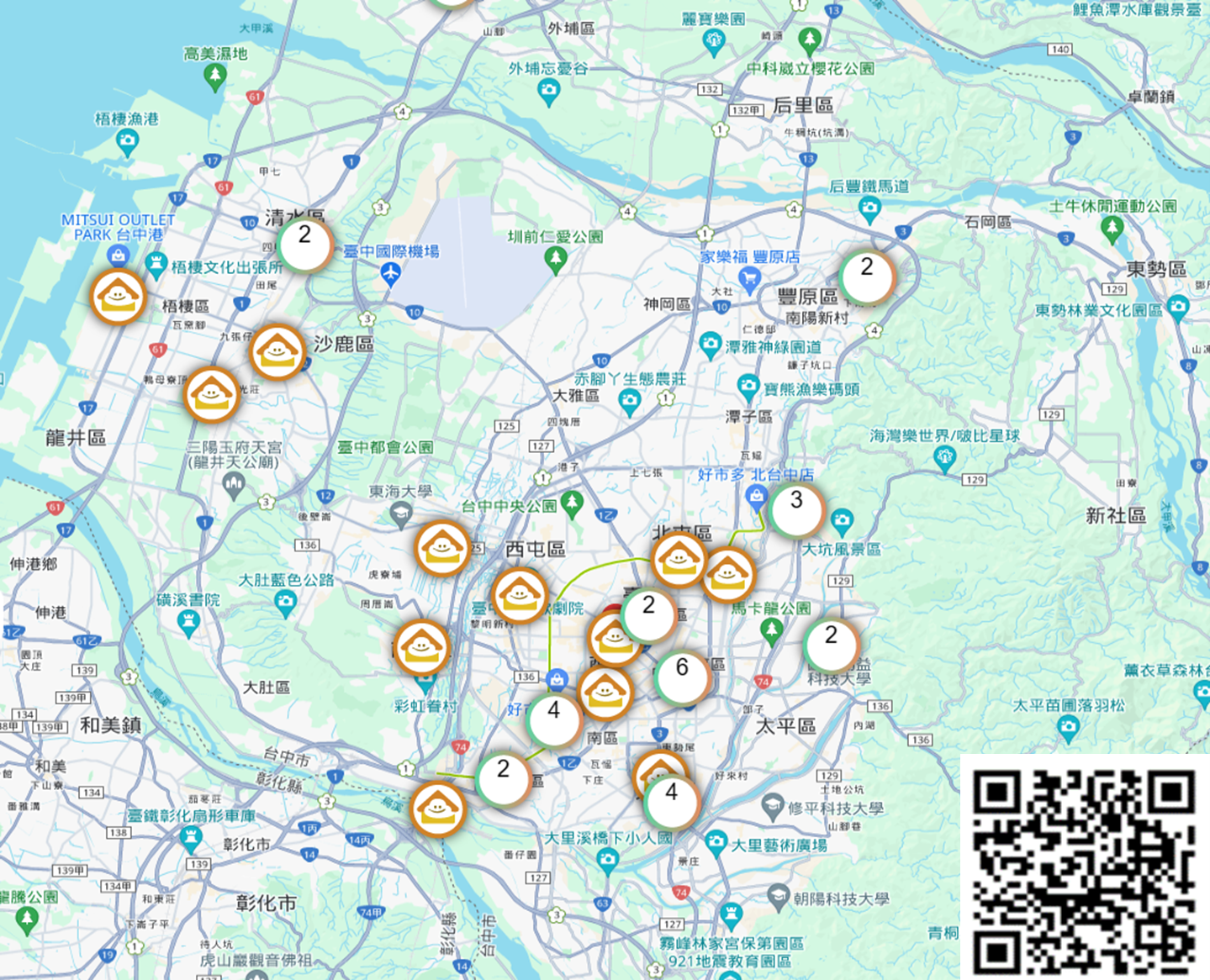 圖1-臺中市公私場所取得室內空品自主管理標章認證地圖及QR-CODE
