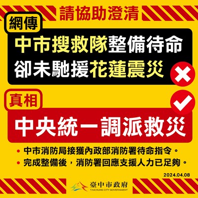 花蓮7.2強震中市未馳援災區? 中市消防局嚴正澄清:中央統一調派救災