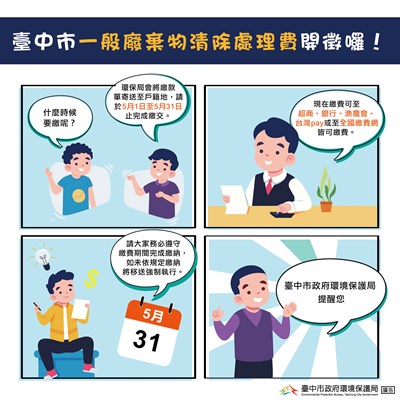 台中市政府環保局提醒非自來水用戶,一般廢棄物清除處理費(按戶定額費用每年每戶新台幣1,128元整)將於5月1日至5月31日開徵112年度費用