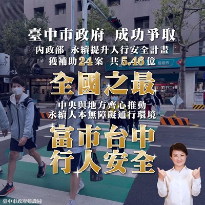 中市爭取中央「永續提升人行安全計畫」核定補助24案,總計畫經費高達5.46億元