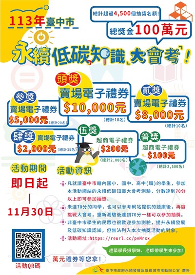 總獎金高達100萬元!「台中市永續低碳知識大會考」再度啟動