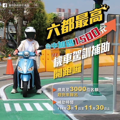 中市3月起開放114年機車駕訓補助加碼六都最高