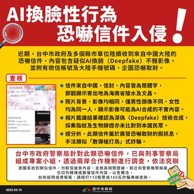 AI換臉性行為恐嚇信件入侵 台中市警察局：假訊息依法究辦-圖卡