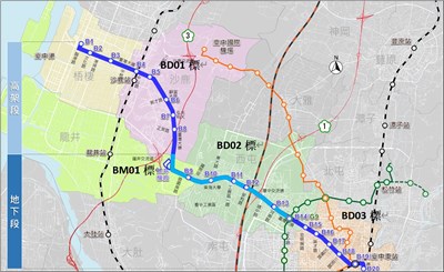 捷運藍線土建工程細部設計及監造委託服務分標範圍示意圖