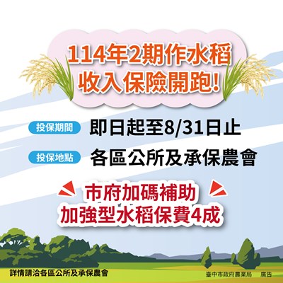 114年2期作水稻收入保險開跑