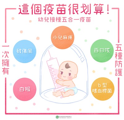 預防百日咳,按時接種五合一疫苗圖卡