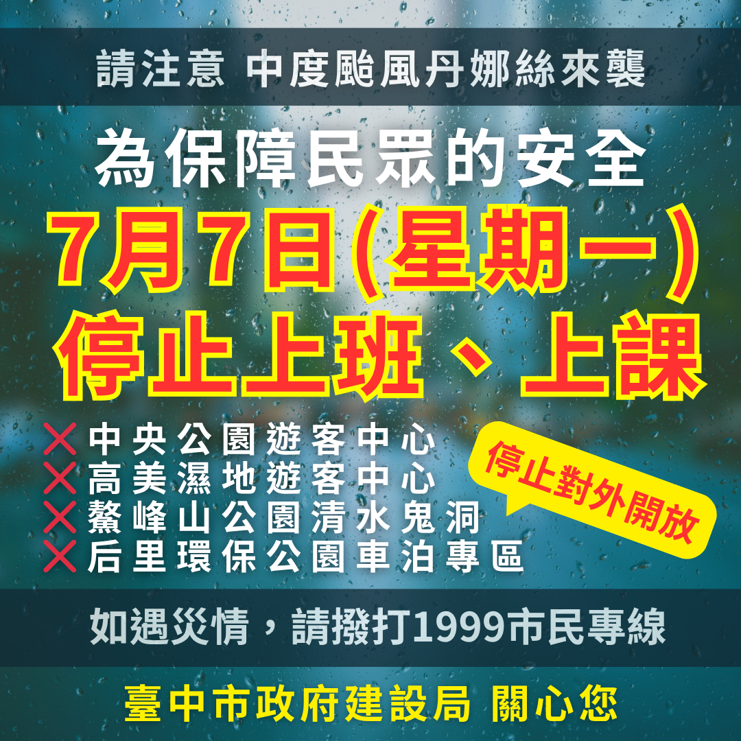 01-中颱丹娜絲來襲!中市建設局啟動一級應變 多處場域暫停開放