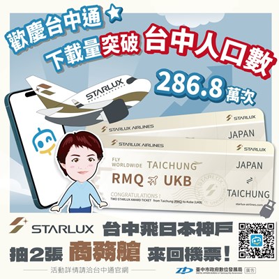 歡慶台中通下載次數突破台中人口數,攜手星宇航空舉辦抽獎活動