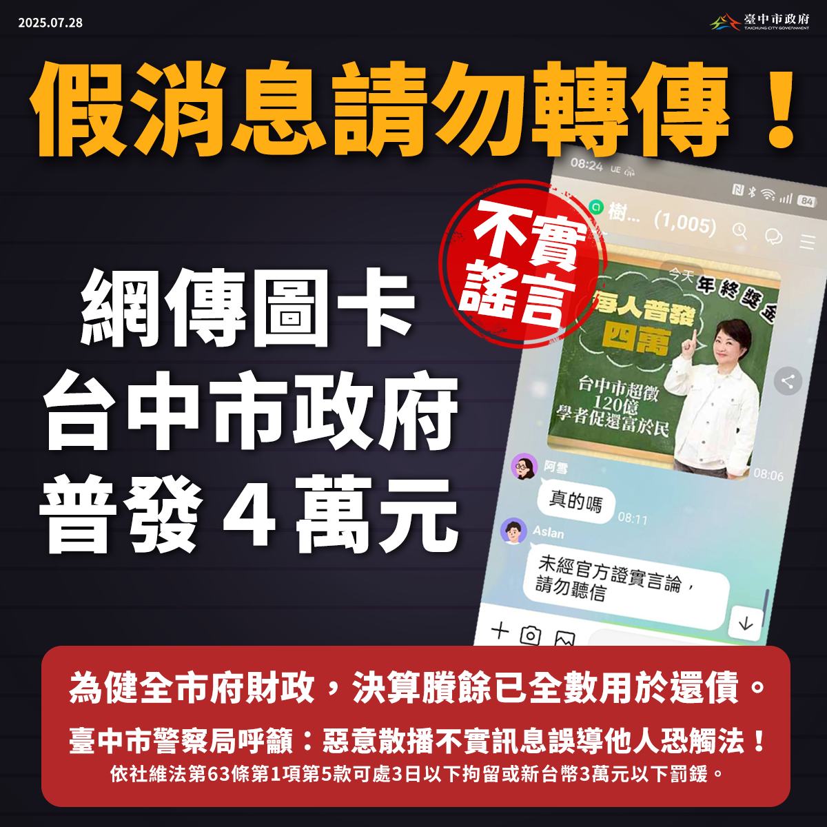 假訊息!網傳台中普發4萬元不實圖卡 中市府報警查辦、籲勿轉傳