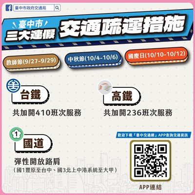 教師、中秋、國慶三大連假交通疏運措施