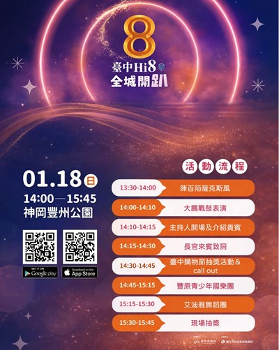 1月18日在神岡豐洲公園舉辦「台中Hi8 豐洲開趴」活動，將抽出108萬元現金大獎
