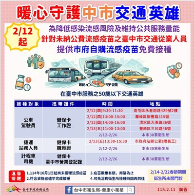 市府自購流感疫苗 暖心守護本市交通英雄