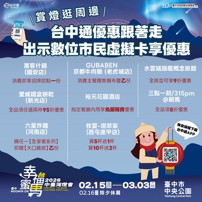 賞燈別忘下載《台中通》，出示數位市民虛擬卡享周邊特約店家優惠
