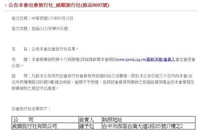中華民國旅行業品質保障協會公告自115年5月18日起受理消費申訴