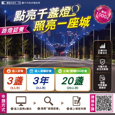 點亮千盞燈、照亮一座城！中市推路燈認養計畫 邀市民加入「發光隊」