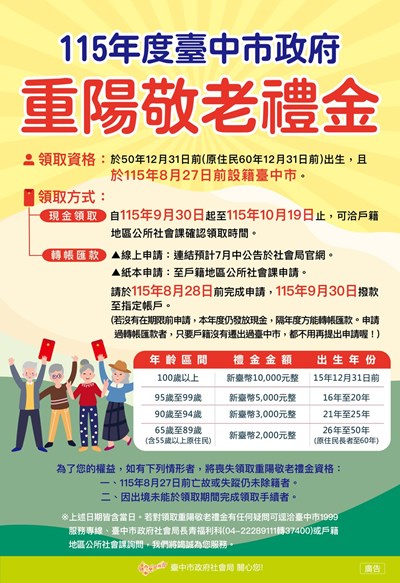 中市重陽敬老禮金開放線上申請匯款　9月30日發放首日直接入帳