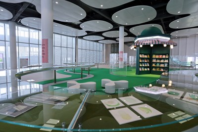 藝術家鄒駿昇以大型書報亭及深淺綠色地毯營造草地意象，讓散步成為觀展的一部分