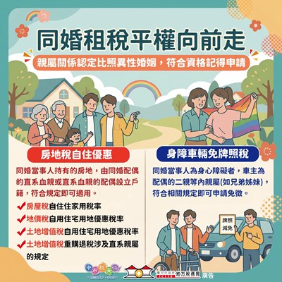 婚姻平權再提升，中市地稅局提醒同性婚姻家庭也能享租稅優惠