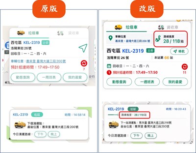 圖1_臺中垃圾清運大車隊APP 「收運進度」顯示示意圖