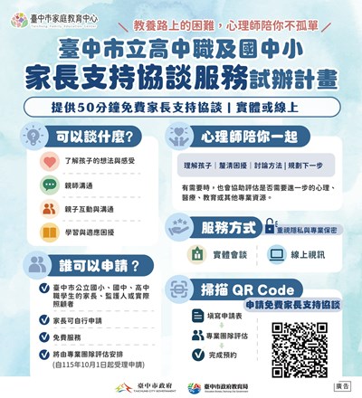 臺中市立高中職及國中小家長支持協談服務試辦計畫宣傳計畫說明圖檔