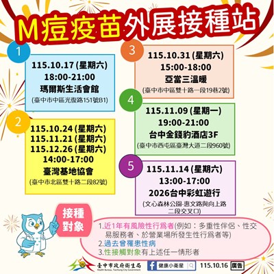衛生局加開M痘疫苗外展站，呼籲符合公費資格者踴躍前往接種