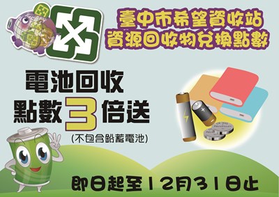 鼓勵回收電池 台中「希望資收站」點數3倍送