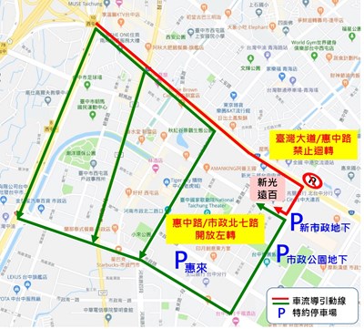 首波管制作為，包括「惠中路/台灣大道路口假日禁止迴轉」，並取消「惠中路/市政北七路假日禁止左轉」。