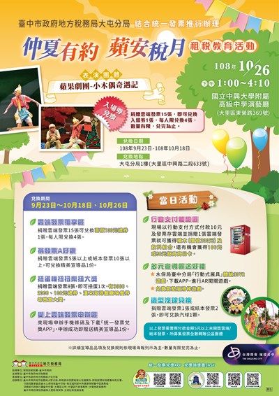 「仲夏有約 蘋安稅月」租稅宣導活動,邀請蘋果劇團演出「小木偶奇遇記」,現場也安排氣球魔術秀、氣墊溜滑梯、VR機體驗、販賣機行動支付體驗等,即日起至10月18日,至該分局捐贈實際付款金額5元以上未開獎雲端發票15張可兌換入場券1張