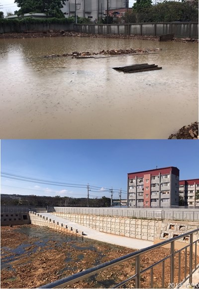 去年8月大雨,滯洪池工地成功滯流周邊地面逕流,興社街二段未再發生溢淹
