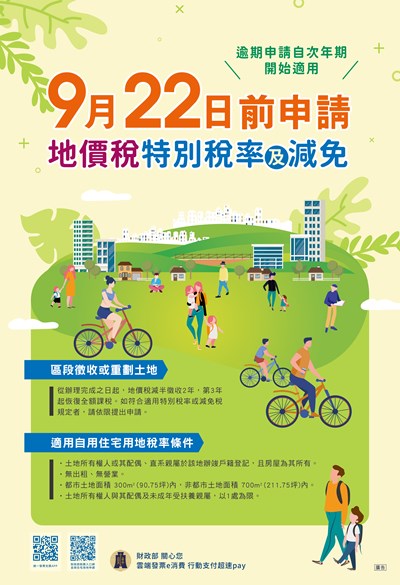 適用地價稅特別稅率或減免者請於9月22日前提出申請!