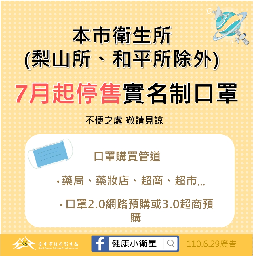 嚴重特殊傳染性肺炎防治專區 相關市政新聞 配合中央防疫措施中市衛生所7 1起停售實名制口罩