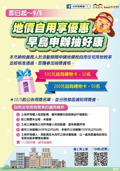 地價自用享優惠 早鳥申辦抽好康