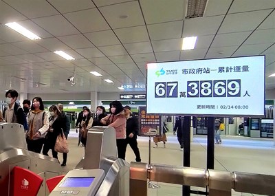 中捷公司在市政府站設置計數器,讓旅客可掌握最新運量數字。