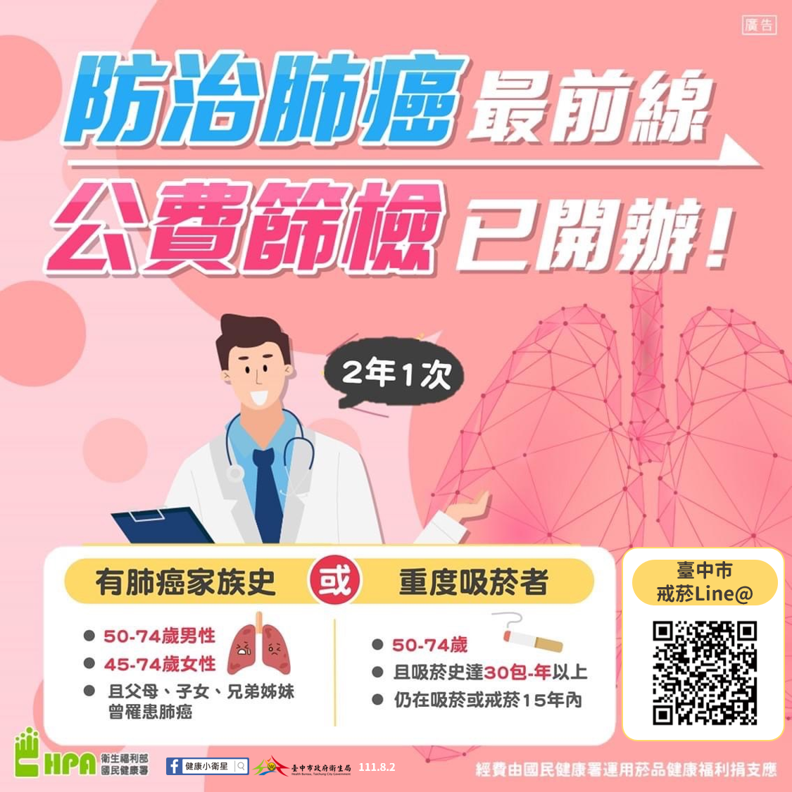 公費補助肺癌篩檢開跑 中市衛生局籲高風險群踴躍篩檢