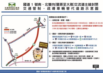 國1豐原至大雅8月22日-24日夜間雙向封閉 中市交通局籲用路人提前改道