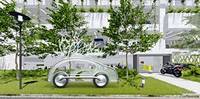 台中市沙鹿區沙田路立體停車場,公共藝術 「樂遊」車型外框主體由不鏽鋼材打造,拍照