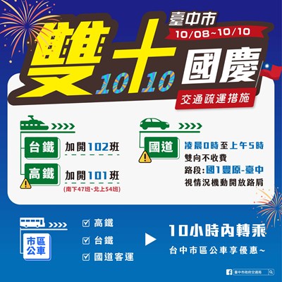 國慶連假交通疏運 搭公共運輸轉乘享優惠