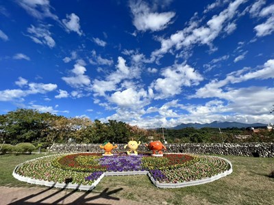 河階廣場上的四季草花區,外圈粉紅色的是四季海棠、紫色的是矮牽牛、紅色的是一串紅、黃色的是萬壽菊。