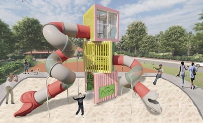 新社復盛公園主題溜滑梯高6.3公尺,已於10月底開工,預計明(113)年5月前可完工